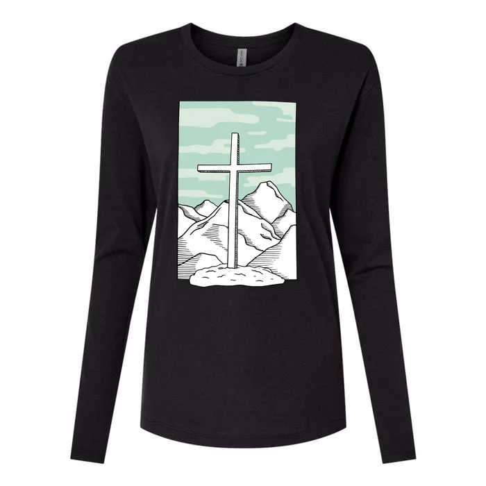 Jesus Mountain Cross Womens Cotton Relaxed Long Sleeve T-Shirt