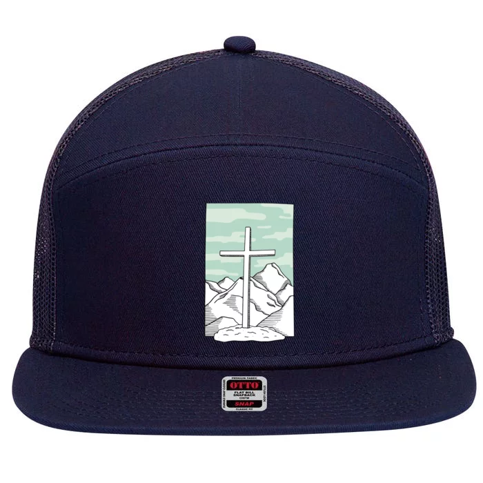 Jesus Mountain Cross 7 Panel Mesh Trucker Snapback Hat