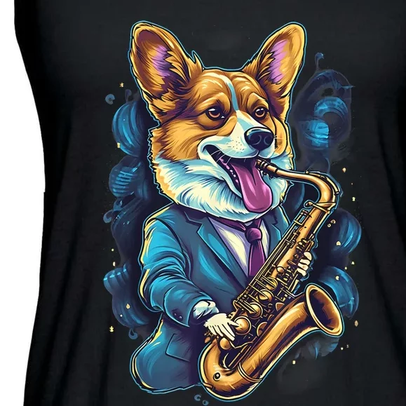 Jazz Musician Corgi Dog Saxophone Ladies Essential Flowy Tank