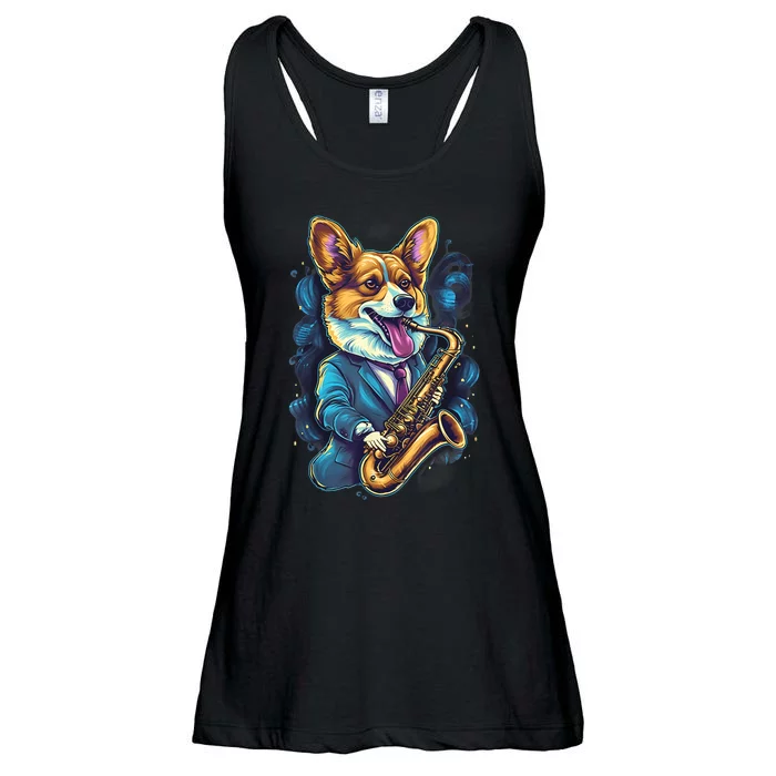 Jazz Musician Corgi Dog Saxophone Ladies Essential Flowy Tank