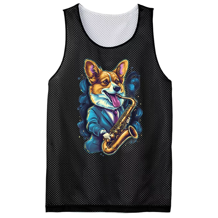 Jazz Musician Corgi Dog Saxophone Mesh Reversible Basketball Jersey Tank