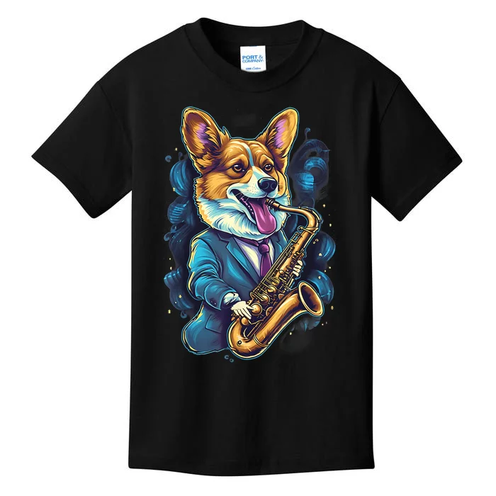 Jazz Musician Corgi Dog Saxophone Kids T-Shirt