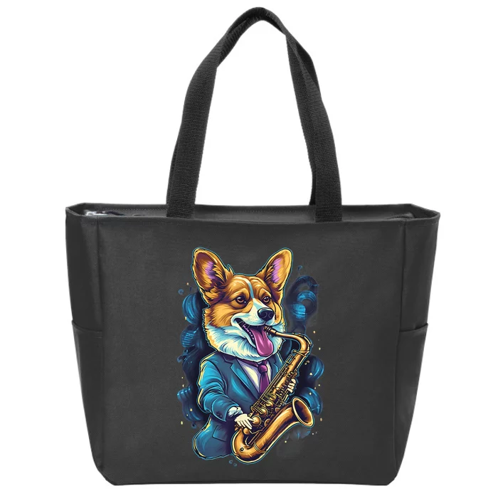 Jazz Musician Corgi Dog Saxophone Zip Tote Bag