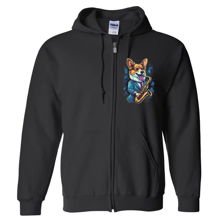 Jazz Musician Corgi Dog Saxophone Full Zip Hoodie