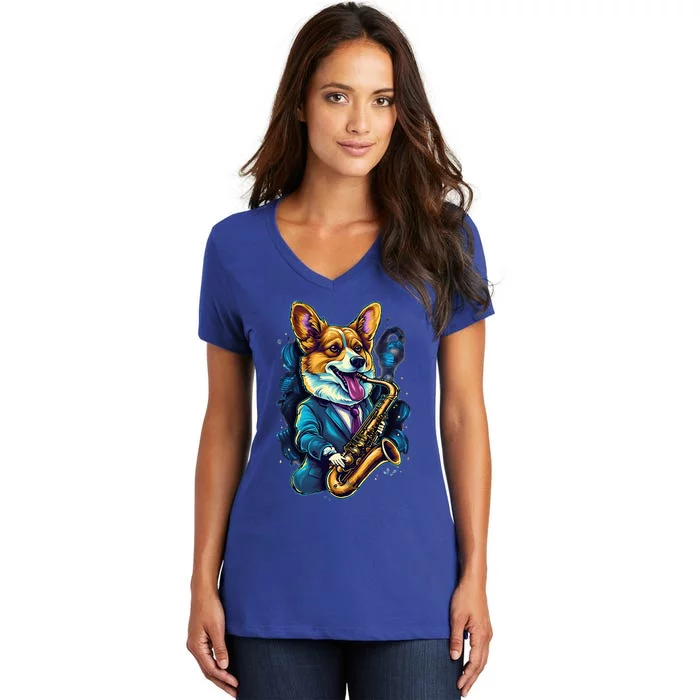 Jazz Musician Corgi Dog Saxophone Women's V-Neck T-Shirt