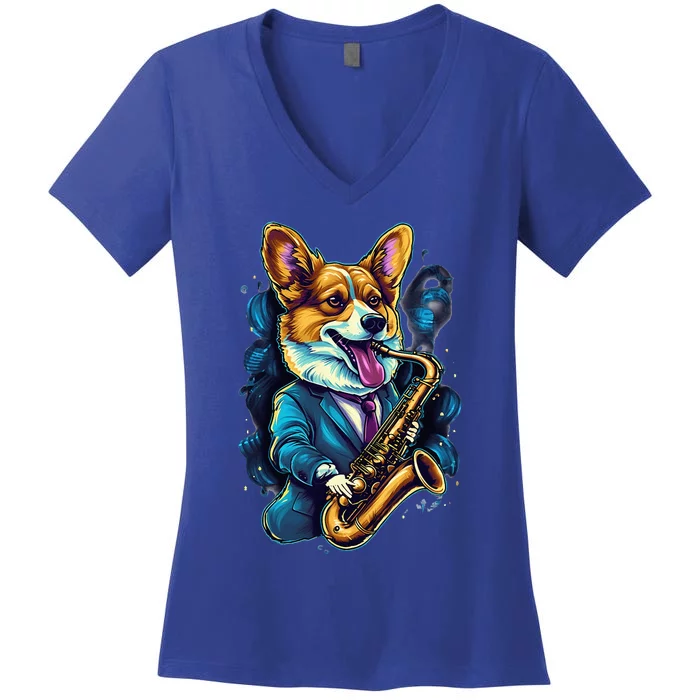 Jazz Musician Corgi Dog Saxophone Women's V-Neck T-Shirt