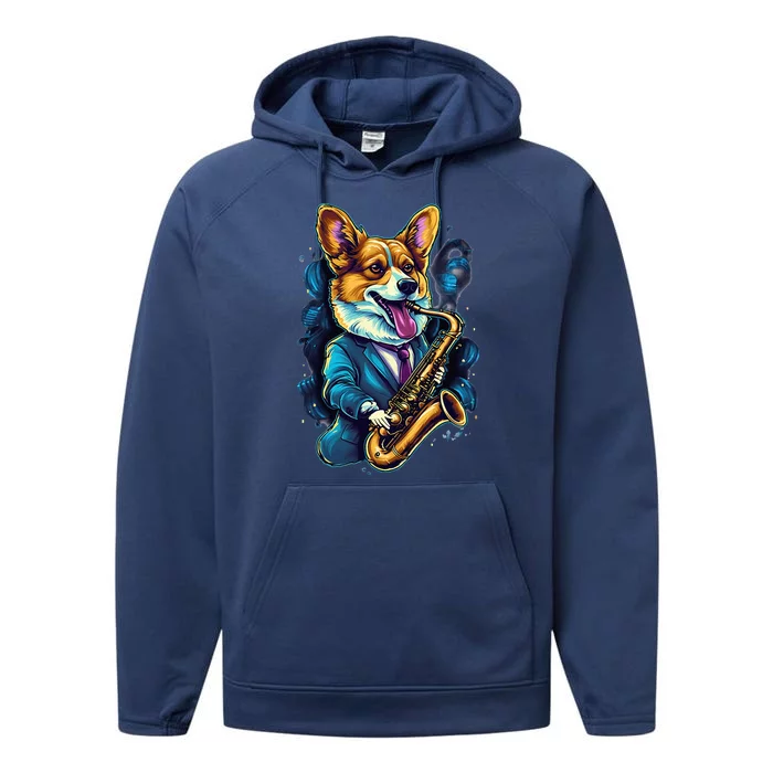 Jazz Musician Corgi Dog Saxophone Performance Fleece Hoodie