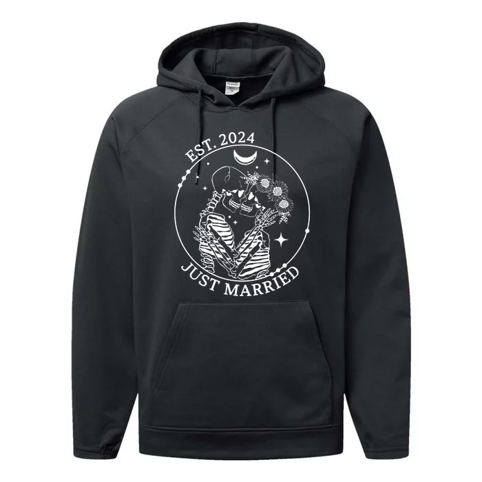 Just Married Est 2024 Halloween Skeleton Couples Matching Performance Fleece Hoodie