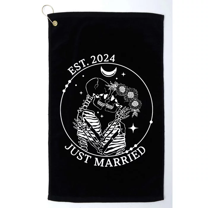 Just Married Est 2024 Halloween Skeleton Couples Matching Platinum Collection Golf Towel