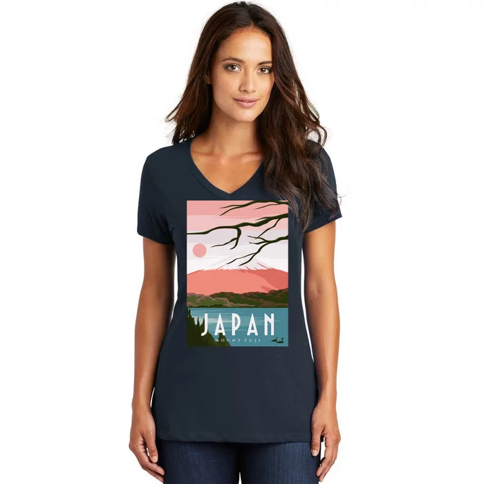 Japan Mount Fuji Retro Vintage Poster Women's V-Neck T-Shirt