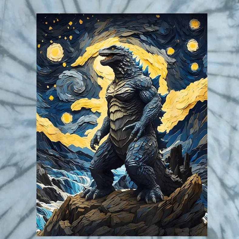 Japanese Monster Kaiju In Van Gogh Starry Night Tie-Dye T-Shirt