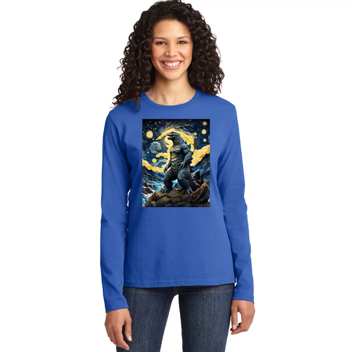 Japanese Monster Kaiju In Van Gogh Starry Night Ladies Long Sleeve Shirt