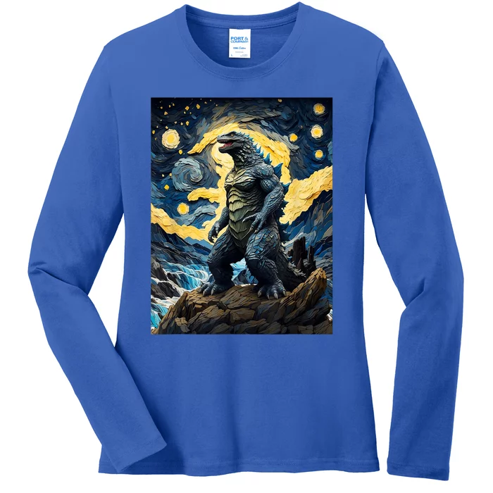 Japanese Monster Kaiju In Van Gogh Starry Night Ladies Long Sleeve Shirt