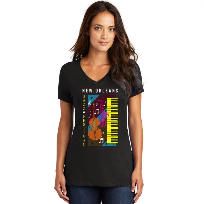 Jazz Music New Orleans Music Festival Musical Souvenir Women's V-Neck T-Shirt