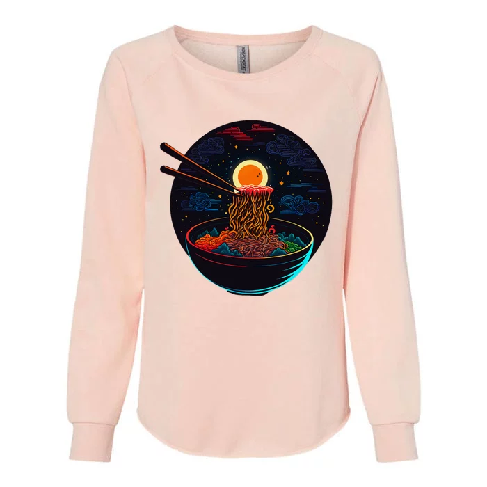 Japanese Moon Ramen Graphic Neon Retro Anime Noodles Art Womens California Wash Sweatshirt