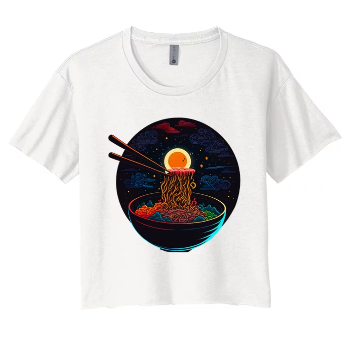 Japanese Moon Ramen Graphic Neon Retro Anime Noodles Art Women's Crop Top Tee