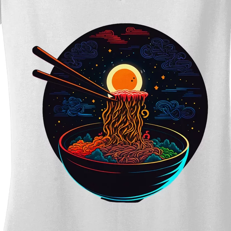 Japanese Moon Ramen Graphic Neon Retro Anime Noodles Art Women's V-Neck T-Shirt