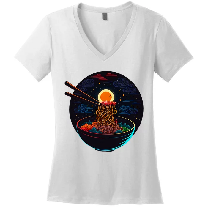 Japanese Moon Ramen Graphic Neon Retro Anime Noodles Art Women's V-Neck T-Shirt