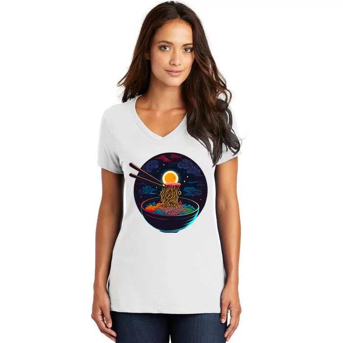 Japanese Moon Ramen Neon Retro Anime Noodles Women's V-Neck T-Shirt