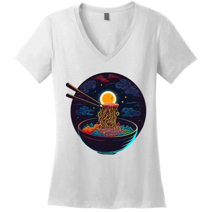 Japanese Moon Ramen Neon Retro Anime Noodles Women's V-Neck T-Shirt