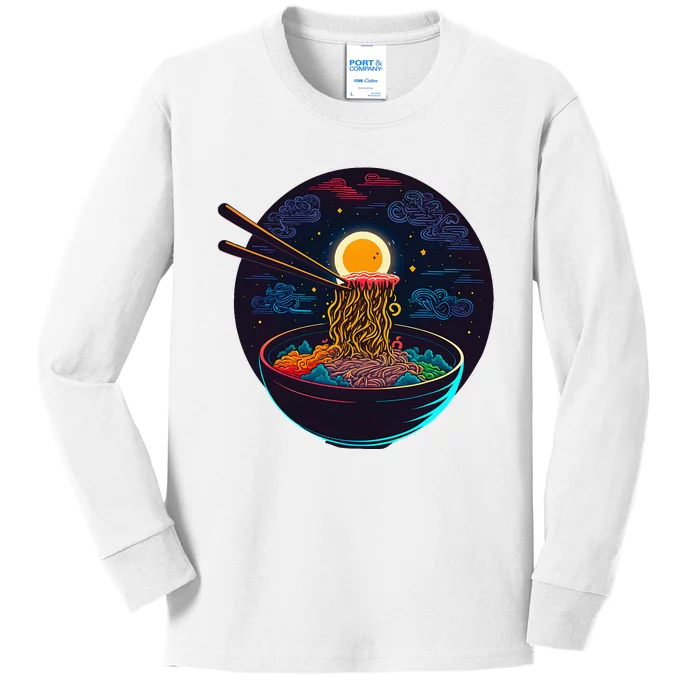 Japanese Moon Ramen Neon Retro Anime Noodles Kids Long Sleeve Shirt