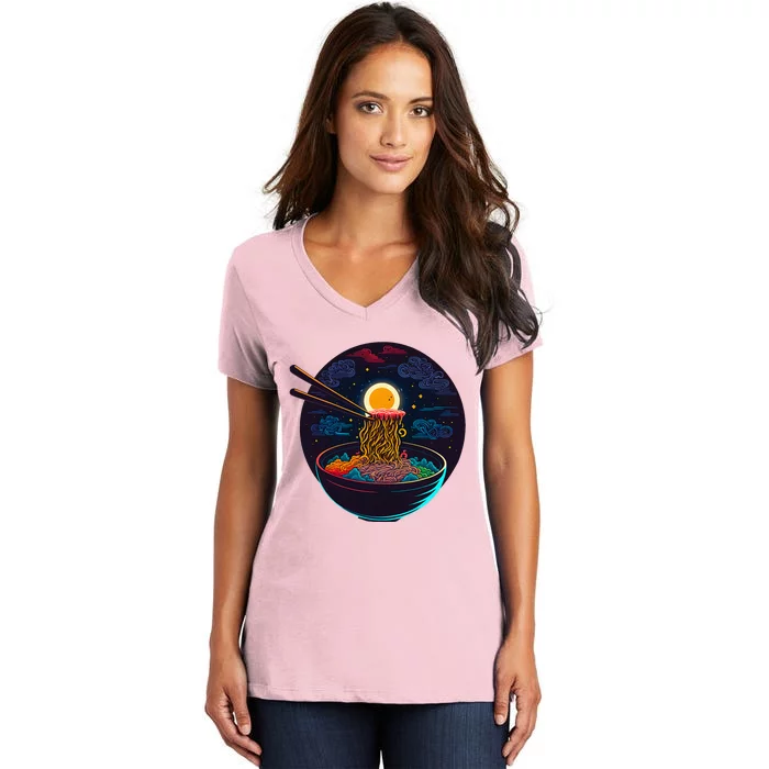 Japanese Moon Ramen Neon Women's V-Neck T-Shirt