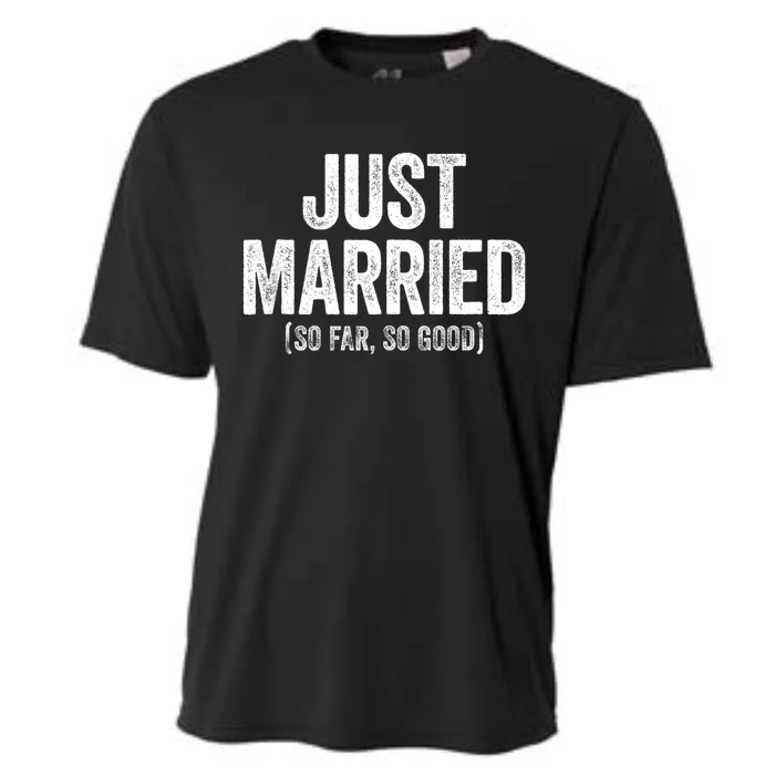 Just Married So Far So Good Newlywed Bride And Groom Cooling Performance Crew T-Shirt