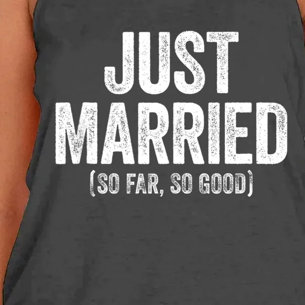 Just Married So Far So Good Newlywed Bride And Groom Women's Knotted Racerback Tank