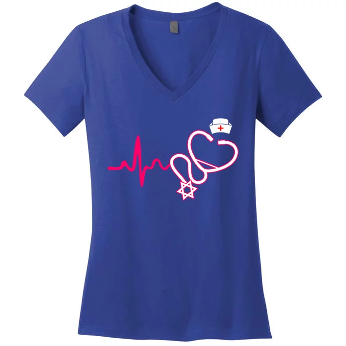 Jewish Nurse Funny Gift Stethoscope Nursing Heartbeat Cute Gift Women's V-Neck T-Shirt