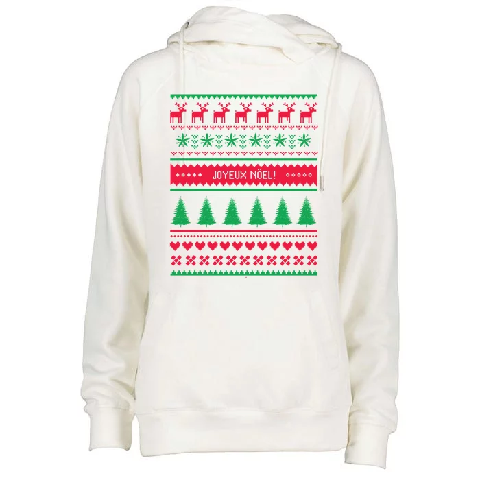 Joyeux Noel Ugly Xmas Reindeer Christmas Trees Snowflake Funny Gift Womens Funnel Neck Pullover Hood