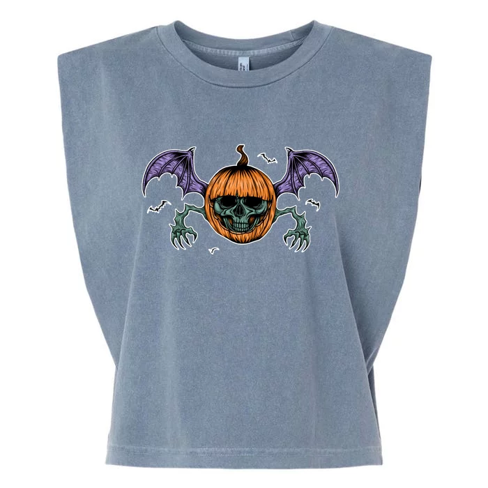 Jack O Lantern Creepy Skull Bat Halloween Garment-Dyed Women's Muscle Tee