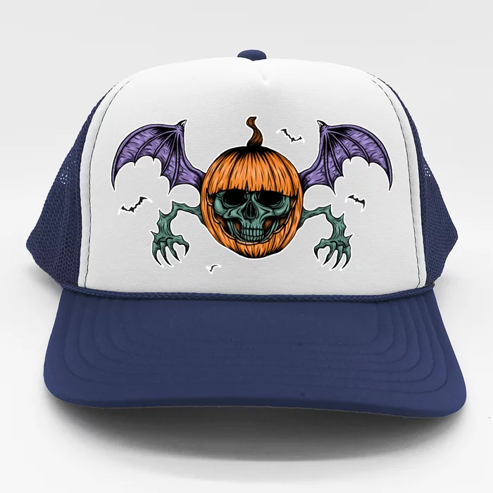 Jack O Lantern Creepy Skull Bat Halloween Trucker Hat