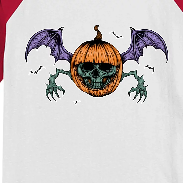 Jack O Lantern Creepy Skull Bat Halloween Kids Colorblock Raglan Jersey