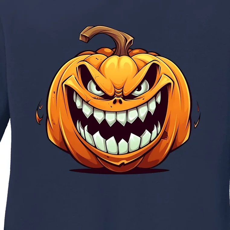 Jack O Lantern Scary Carved Pumpkin Face Halloween Costume Ladies Long Sleeve Shirt