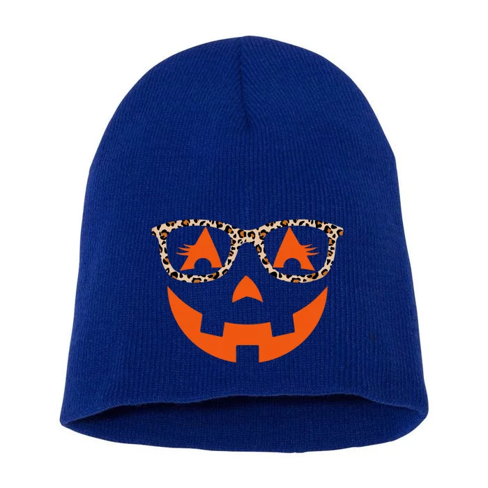 Jack O Lantern With Glasses Gift Halloween Leopard Gift Short Acrylic Beanie