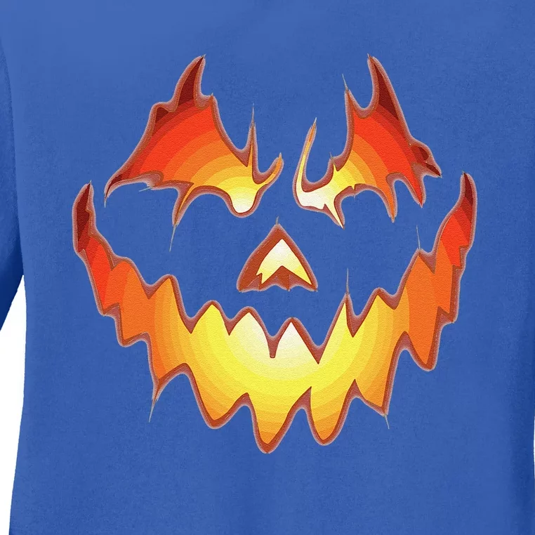 Jack O Lantern Scary Pumpkin Face Funny Halloween Ladies Long Sleeve Shirt