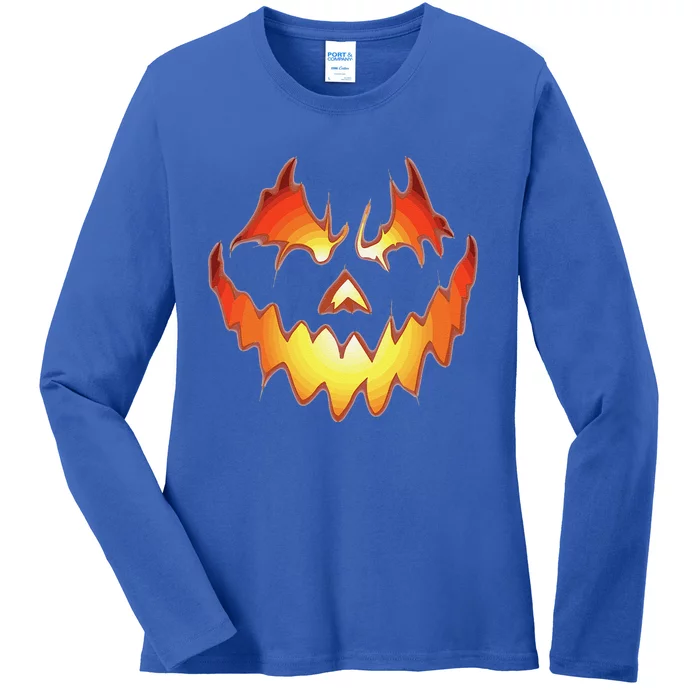 Jack O Lantern Scary Pumpkin Face Funny Halloween Ladies Long Sleeve Shirt