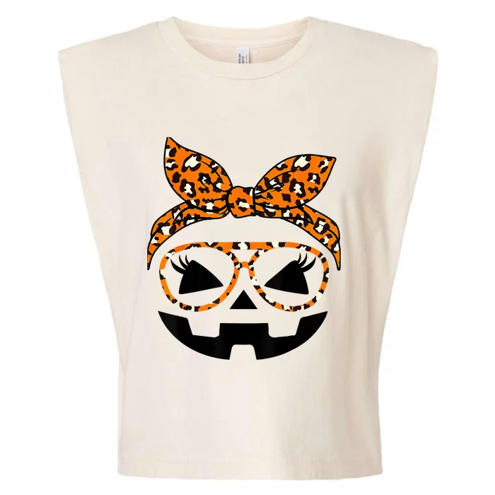 Jack O Lantern Face Pumpkin Hallowen Leopard Print Glasses Garment-Dyed Women's Muscle Tee