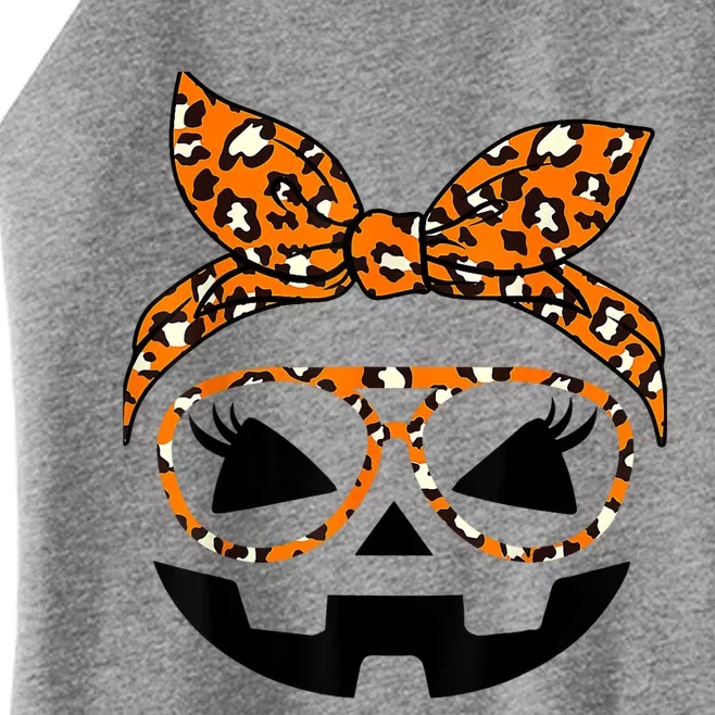 Jack O Lantern Face Pumpkin Hallowen Leopard Print Glasses Women’s Perfect Tri Rocker Tank