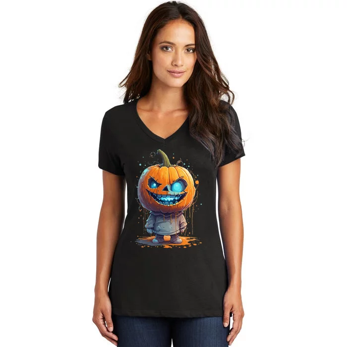 Jack O Lantern Face Pumpkin Hallowen Costume Scary Women's V-Neck T-Shirt