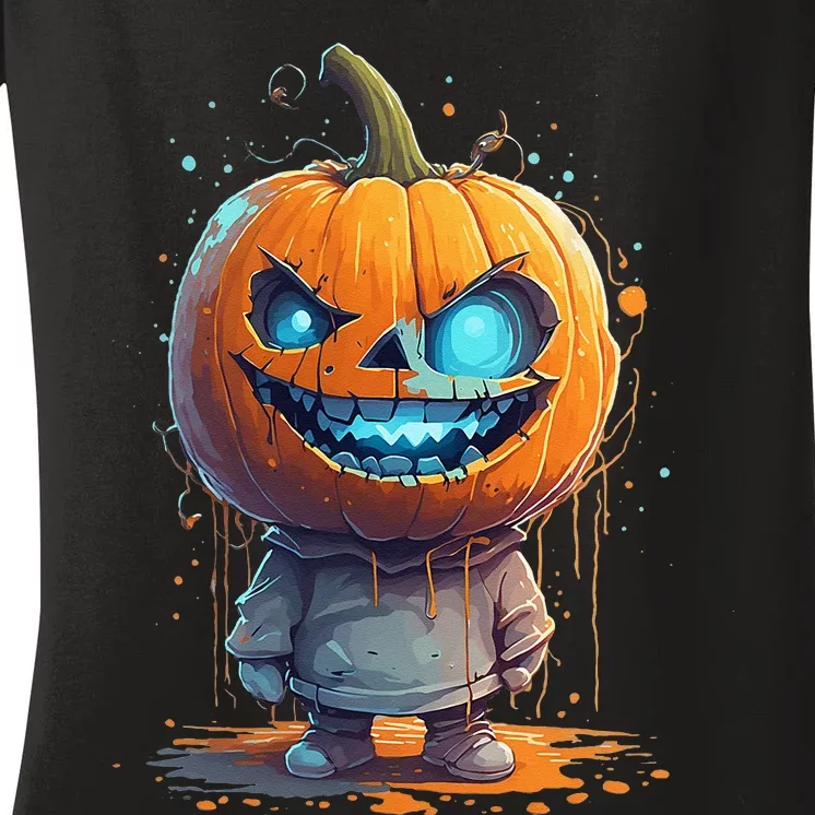 Jack O Lantern Face Pumpkin Hallowen Costume Scary Women's V-Neck T-Shirt