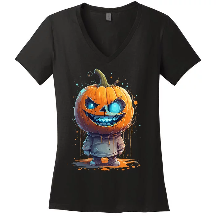 Jack O Lantern Face Pumpkin Hallowen Costume Scary Women's V-Neck T-Shirt