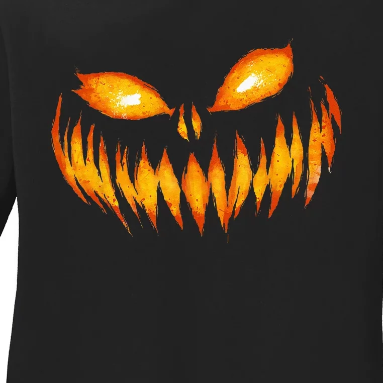 Jack O Lantern Scary Carved Pumpkin Face Halloween Costume Ladies Long Sleeve Shirt