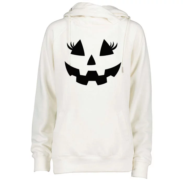 Jack O Lantern Eyelashes Pumpkin Face Halloween Womens Funnel Neck Pullover Hood