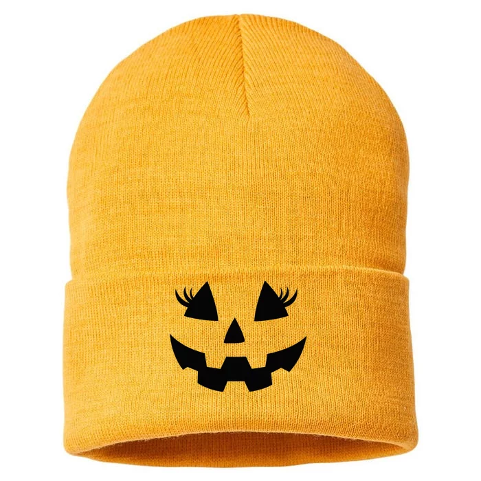 Jack O Lantern Eyelashes Pumpkin Face Halloween Sustainable Knit Beanie