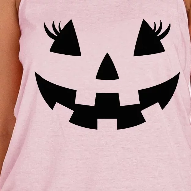 Jack O Lantern Face Pumpkin Eyelashes Hallowen Women's Knotted Racerback Tank