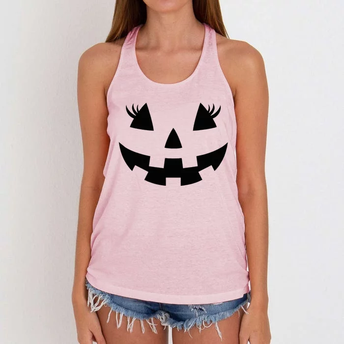 Jack O Lantern Face Pumpkin Eyelashes Hallowen Women's Knotted Racerback Tank