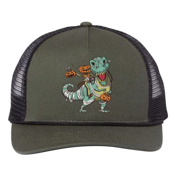 Jack O Lantern Riding T Rex Retro Rope Trucker Hat Cap