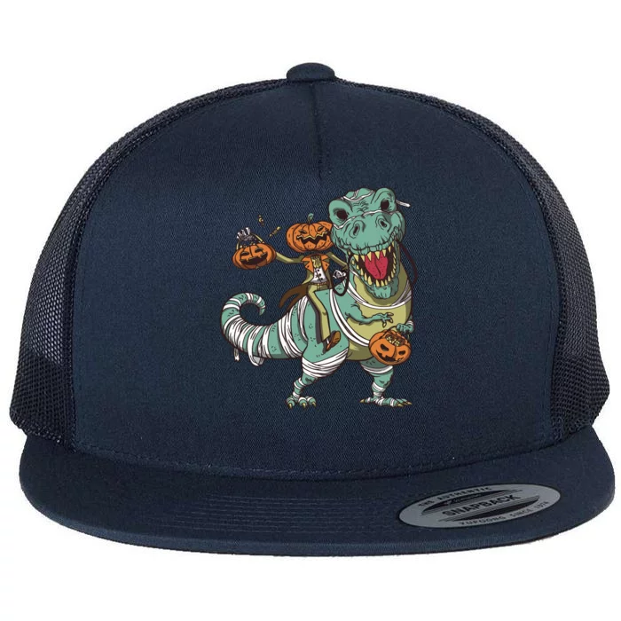 Jack O Lantern Riding T Rex Flat Bill Trucker Hat