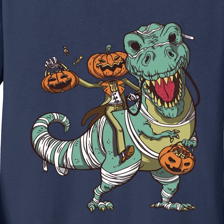 Jack O Lantern Riding T Rex Kids Long Sleeve Shirt